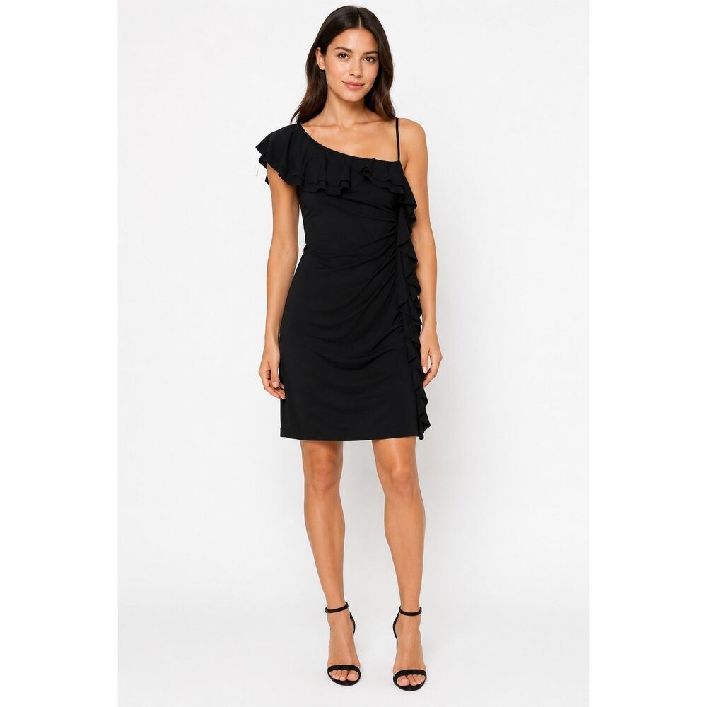 Intermission LBD Glam Cocktail Party Dress Womens 6 Ruffles Ruched Jersey Knit